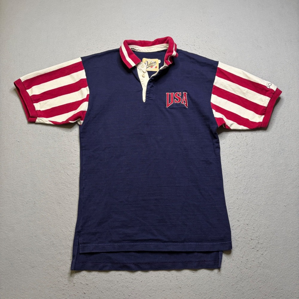 Dehen Rugby Shirt Mens‎ Medium Blue USA Striped Sleeve Vintage 90s Made in USA